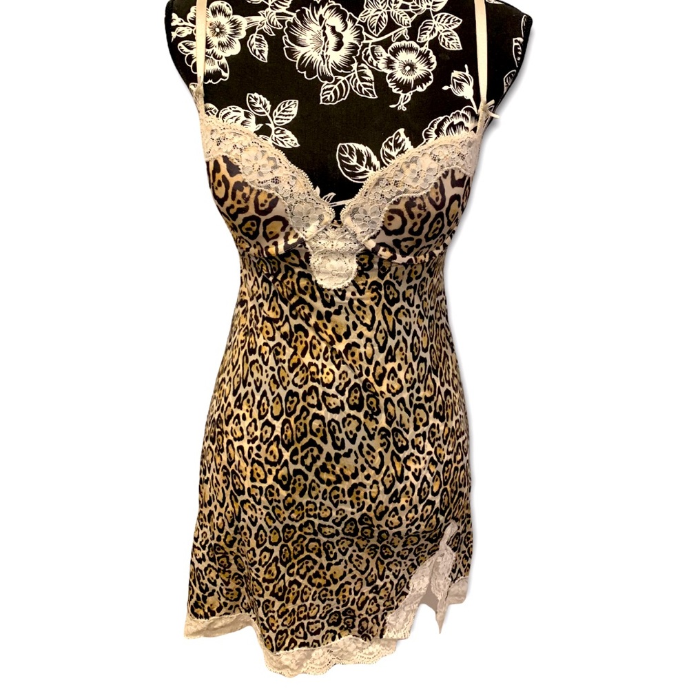 Leopard print lace trim nightgown slip dress